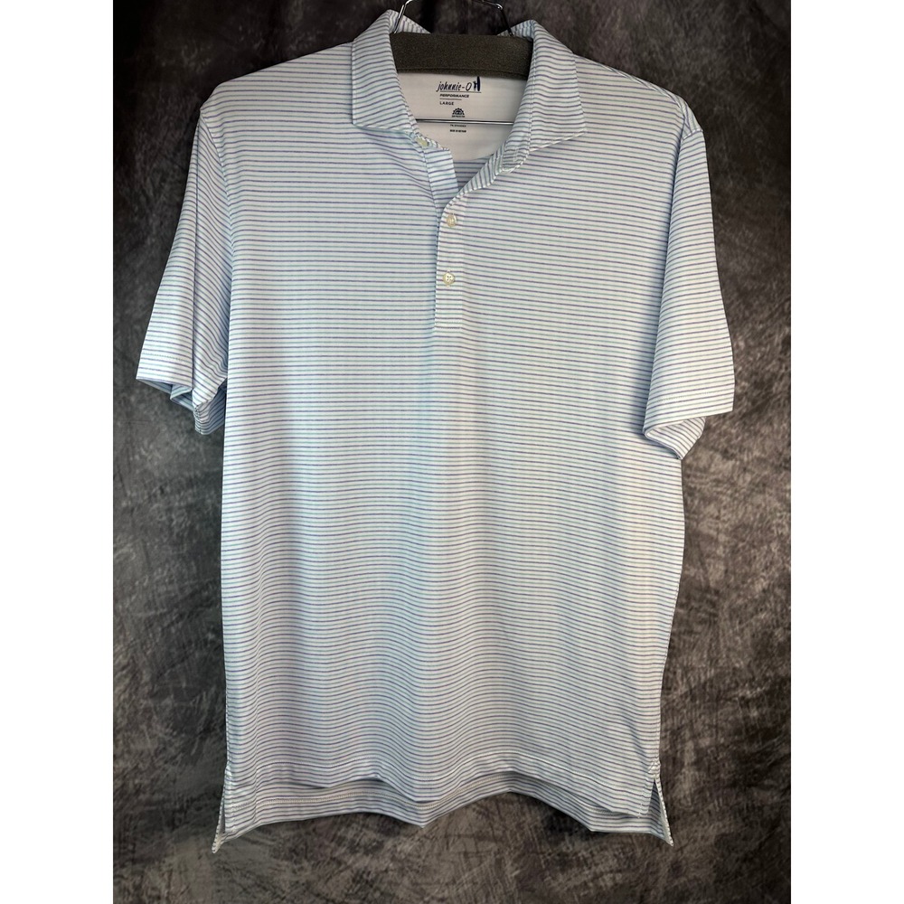 johnnie-O Performance Vik Polo Mens Large Blue White Striped UPF 50 Golf Shirt